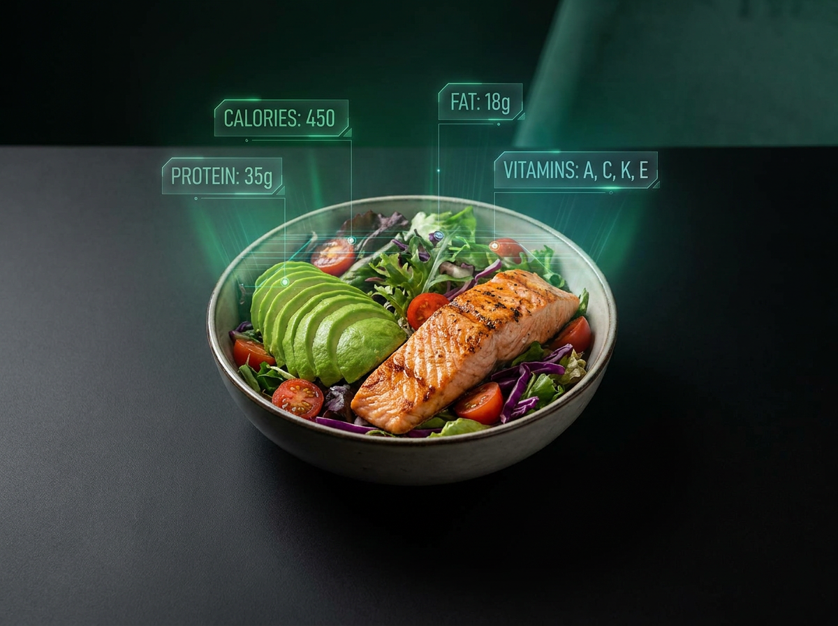 AI analyzing a healthy meal with nutrition data overlays